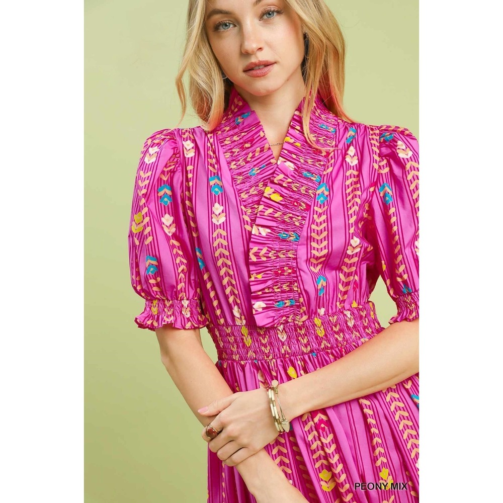 Umgee Vibrant Ruffle Smocked Midi Dress - Peony Mix - Large - Picture 3 of 4